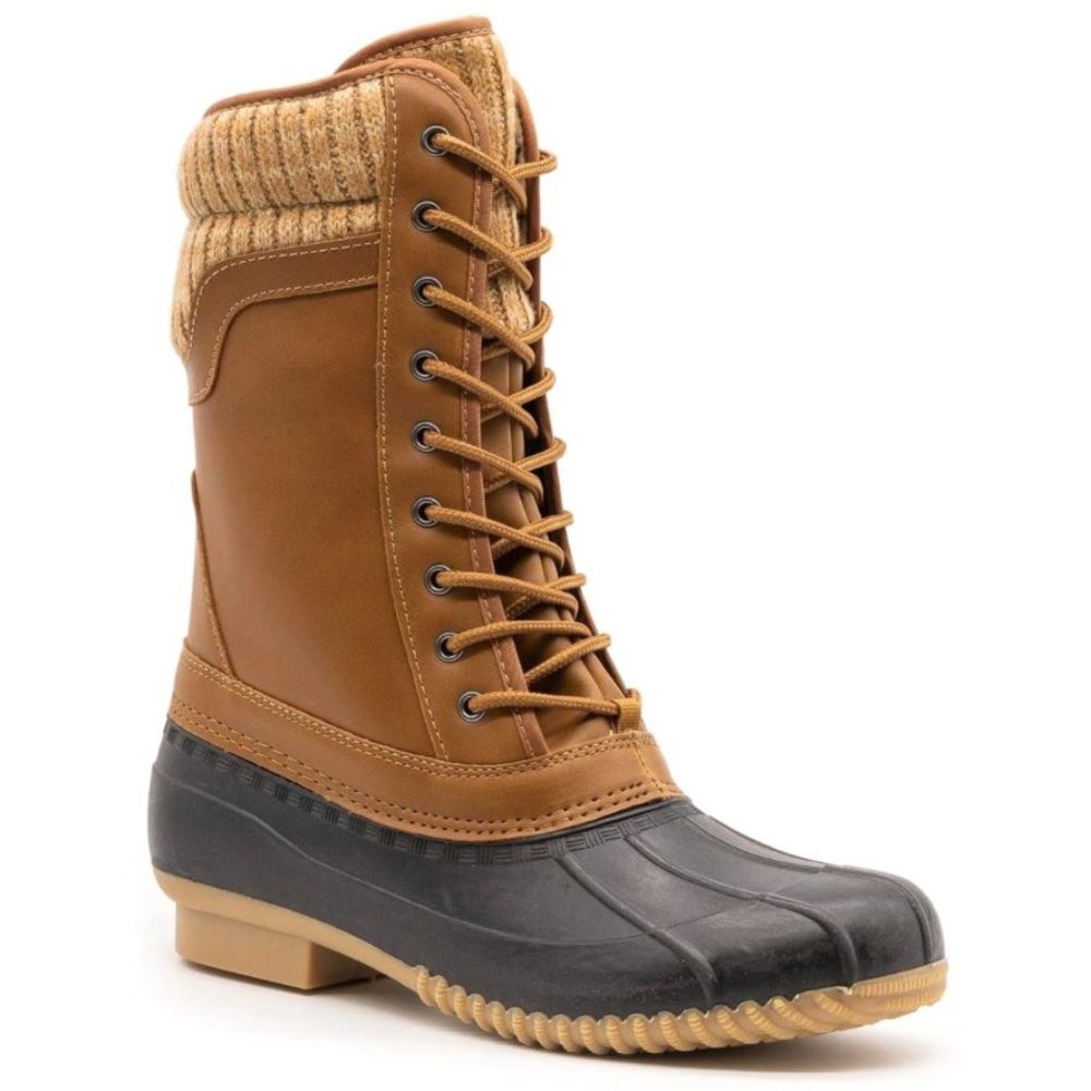 New Cognac Tan Sweater Mid-Calf Snow Duck Boots - Picture 2 of 3
